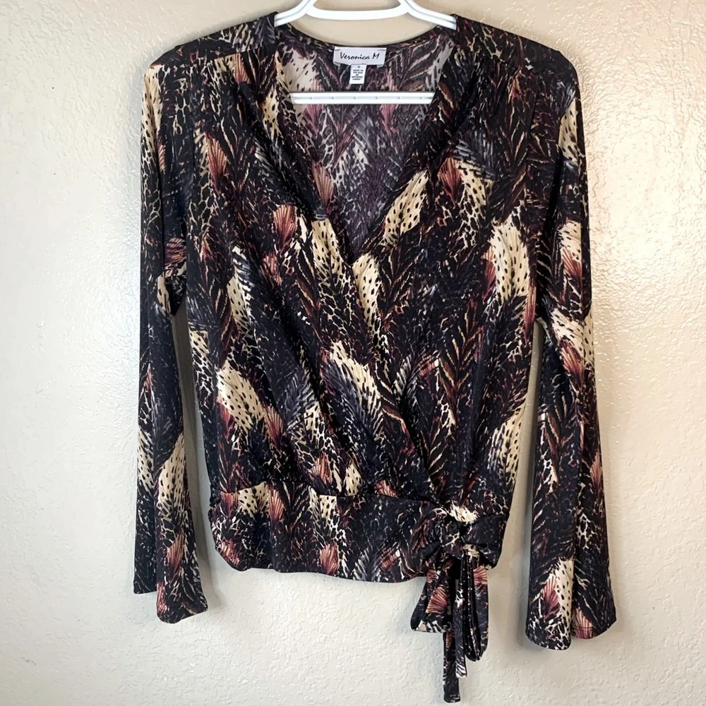 Veronica M Boho Feather Print Surplice Faux Retro Wrap Bell Sleeve Blouse Size S